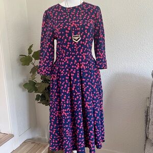 Vintage Style Navy & Pink Floral Fit & Flare Midi Dress - Small/
